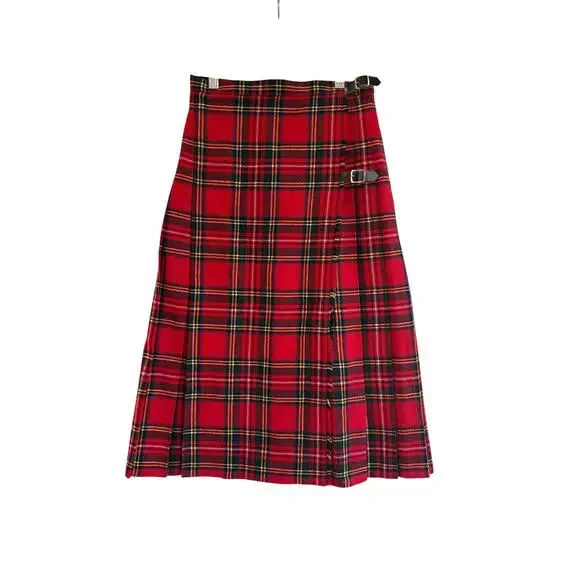 Pure New Wool Tartan Kilt Skirt Red Plaid Pleated Buckle A Line 25” Waist - Picture 2 of 9